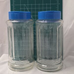 2 Vintage Nutra Sweet Glass Sugar Dispenser Shaker 6 inch Blue Lid Jar 